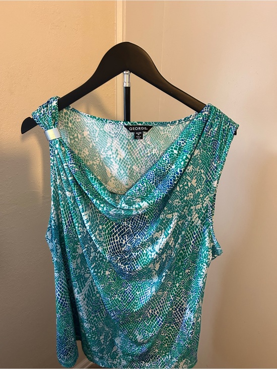 George Tops - George Teal and Blue One-Shoulder Cowl Neck Dress